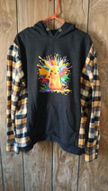 Dark gray hoodie with flannel sleeves